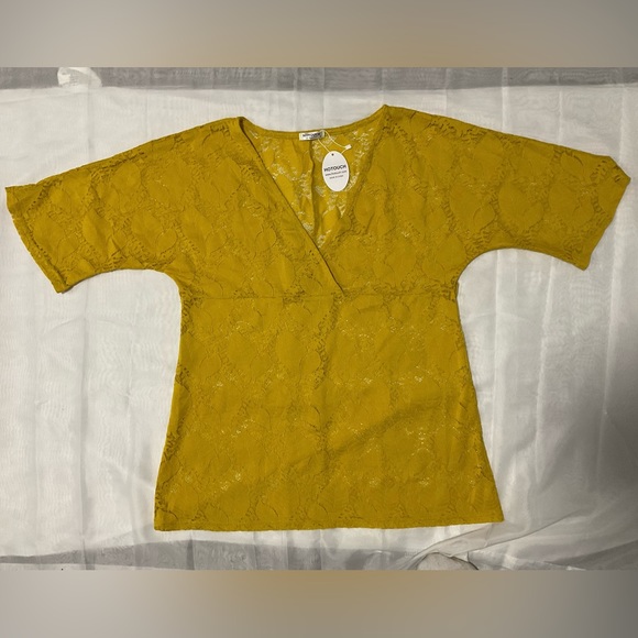 NWT Hotouch Lace Patchwork Floral Pattern Overlay Top V-neck Loose Short Sleeves - Picture 4 of 16